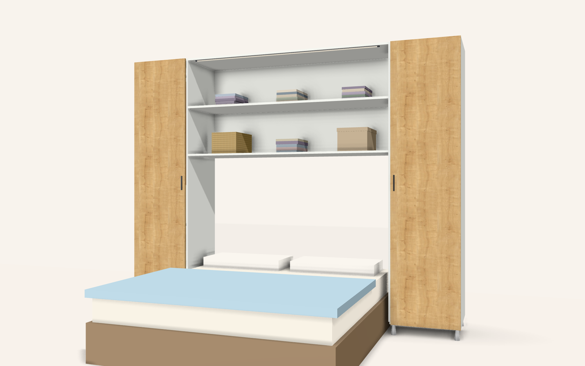 3D render of the design — doors closed (Bed surround with overhead cupboards in Weybridge)