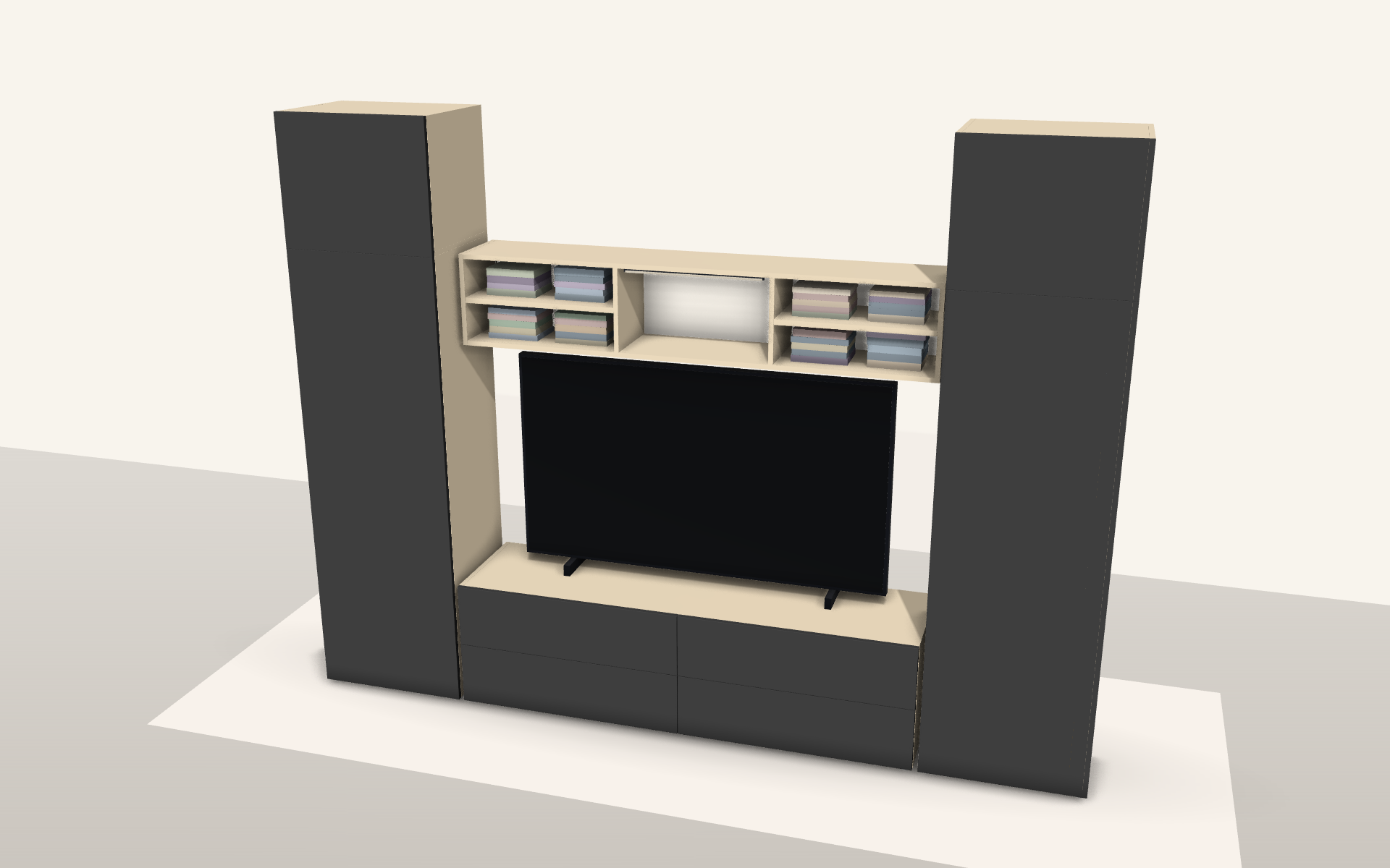 3D render of the design — doors closed (Living-room TV wall with a floating shelf in Dorking)
