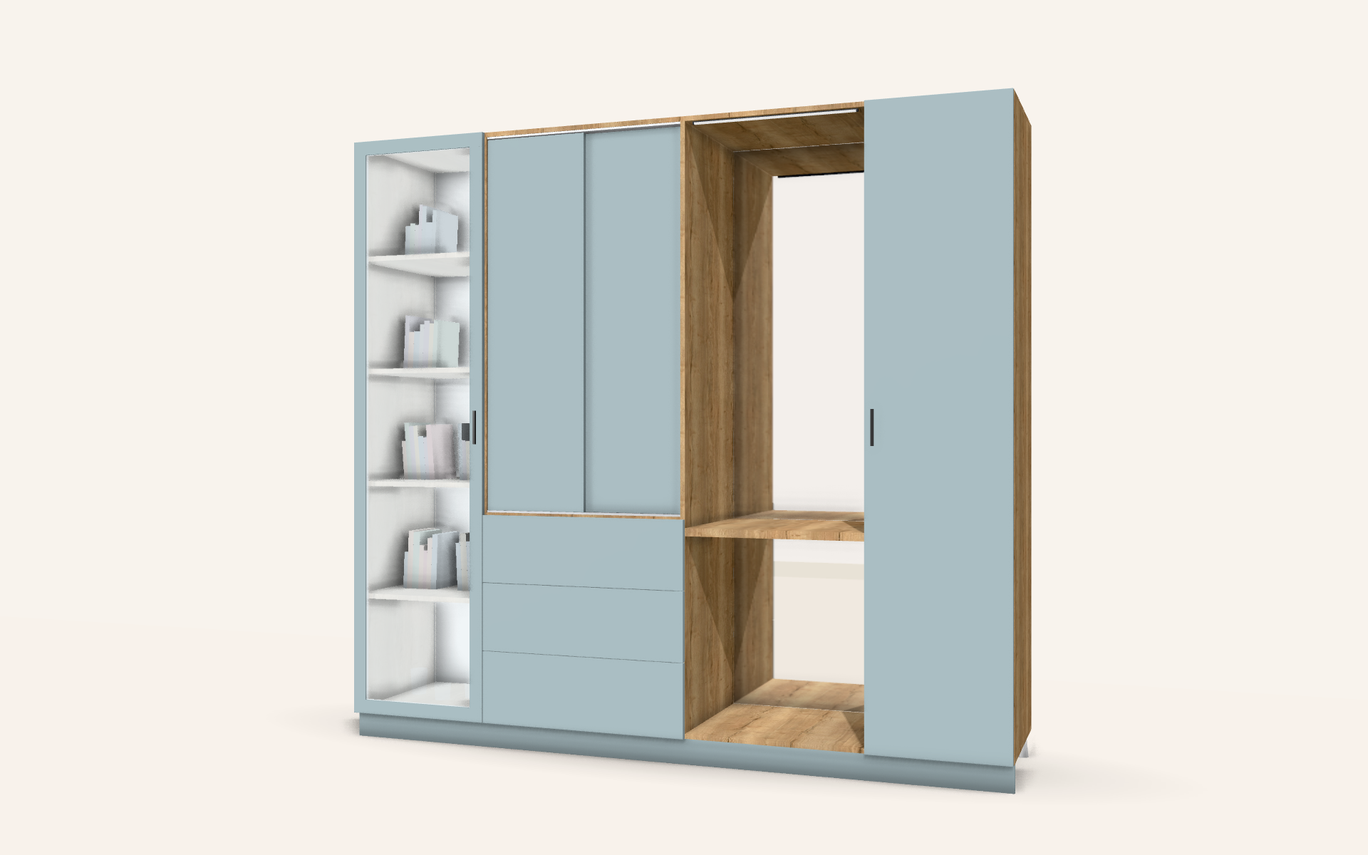3D render of the design — doors closed (Bedroom wall with section doors and a dressing table)
