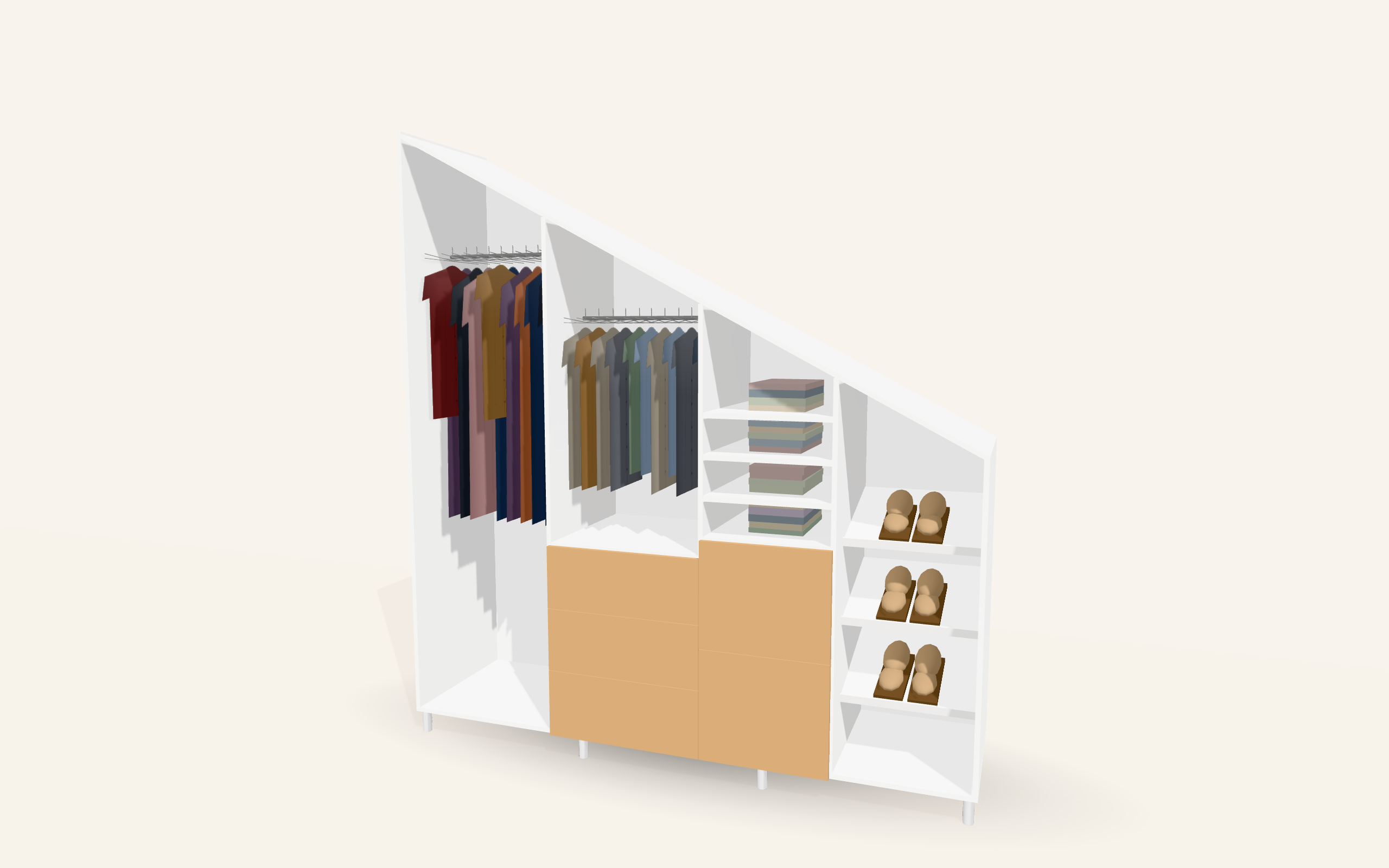 3D render of the design — doors closed (Loft wardrobe under the eaves in Godalming)