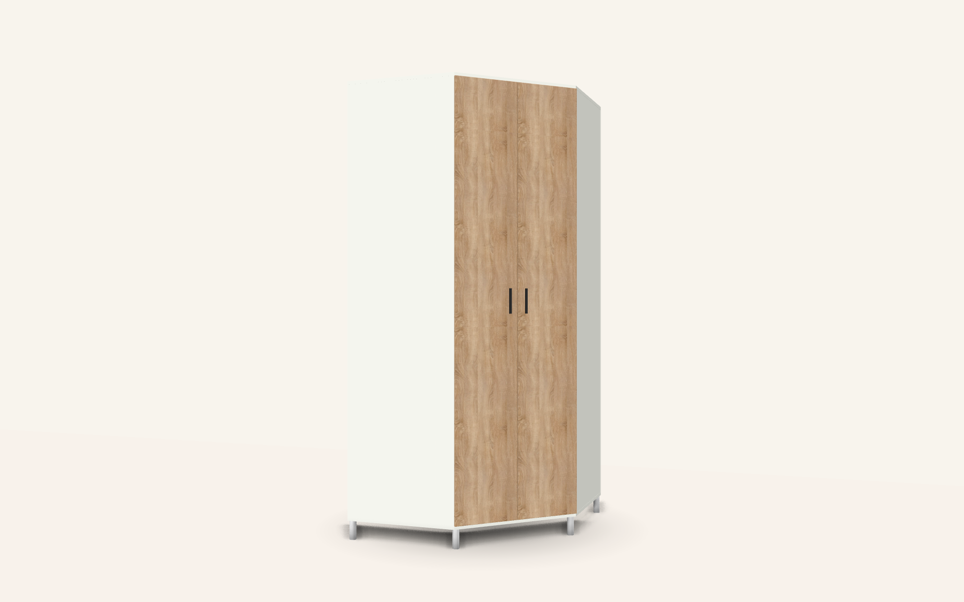 3D render of the design — doors closed (Corner wardrobe that uses a dead corner in Leatherhead)