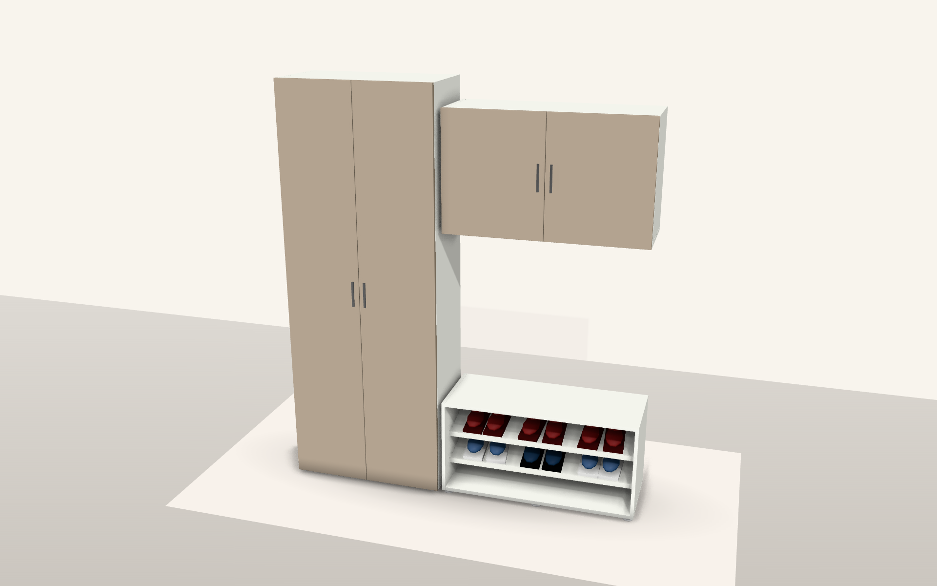 3D render of the design — doors closed (Shallow hallway storage with a bench in Cranleigh)