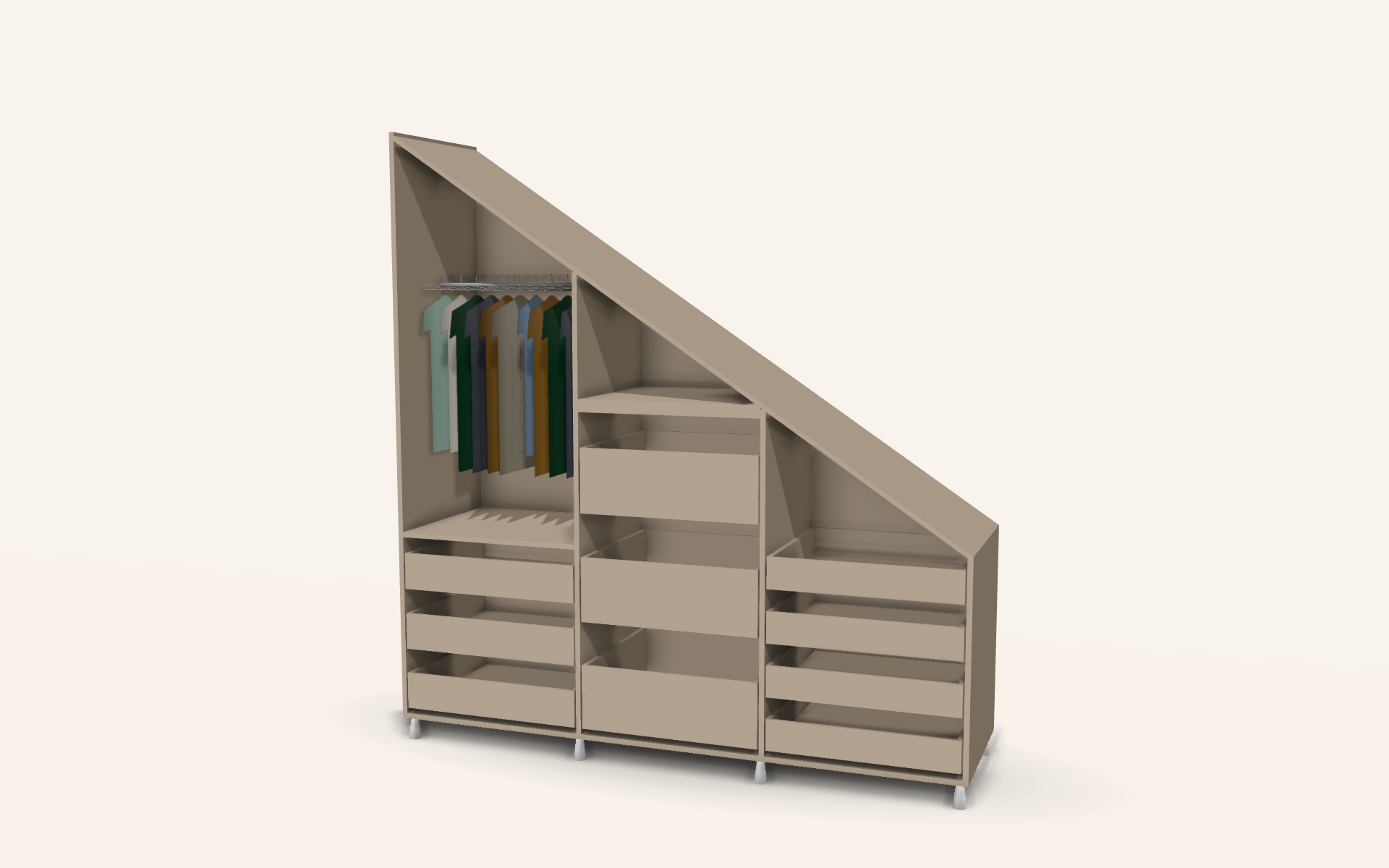 3D render of the design — doors open (Fitted under-stairs storage for a Woking hallway)