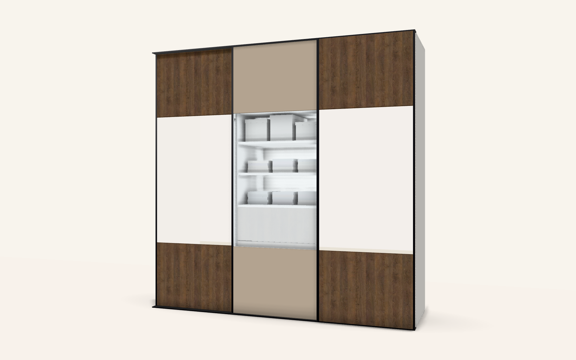 3D render of the design — doors closed (Sliding wardrobe with mirror and satin glass in Guildford)